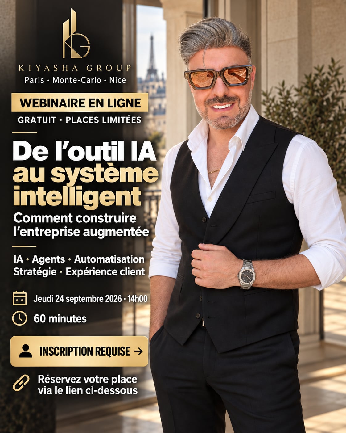 Affiche du webinaire « De l’outil IA au système intelligent » avec Armin Keshani — jeudi 24 septembre 2026, 14h00, 60 minutes, gratuit, places limitées.